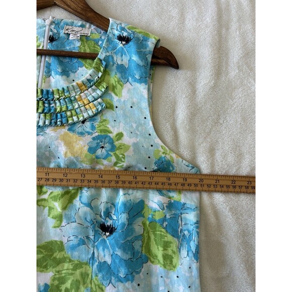 Kim Rogers Linen Shift Dress Womens 16 Blue Floral Sleeveless Pleated Neck - Picture 10 of 10